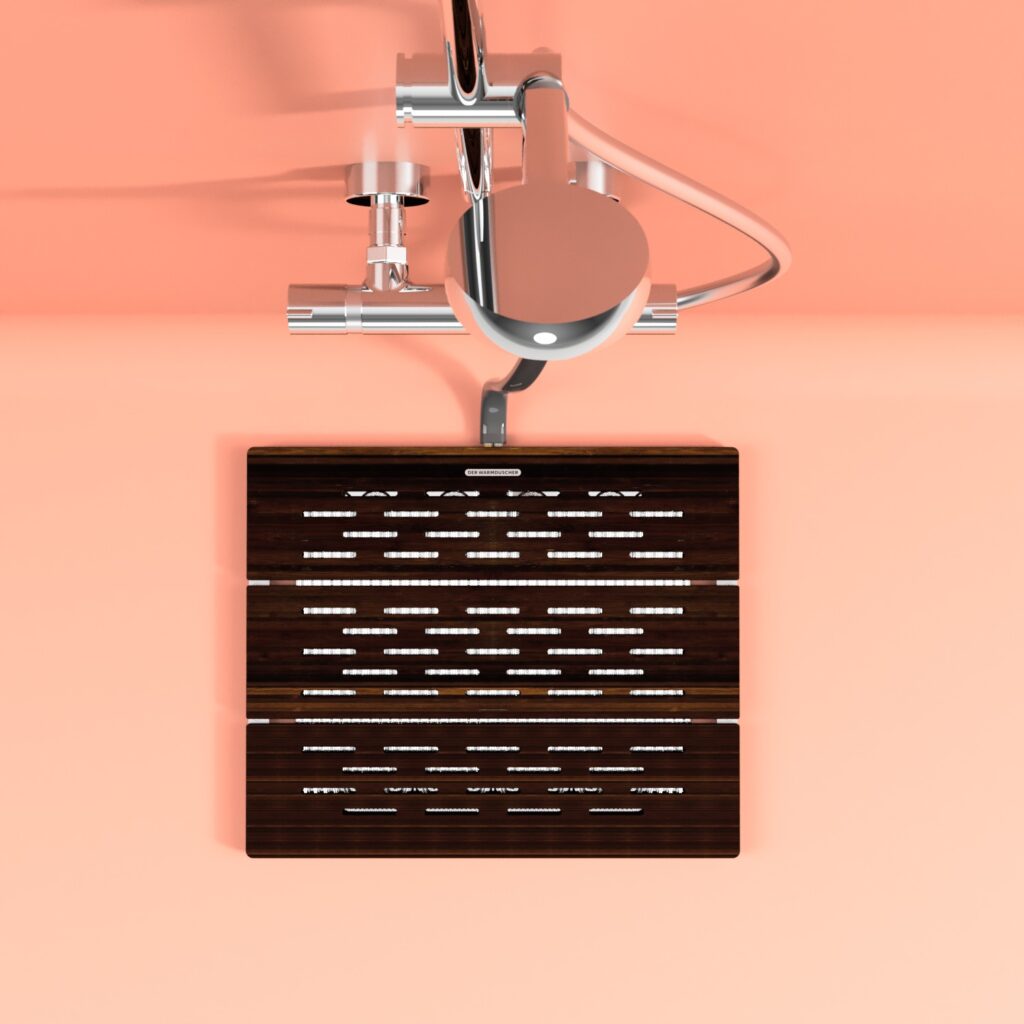 Warmduscher Original Wärmetauscher in Dusche mit Hansgrohe Mischbatterie und Handbrause von oben