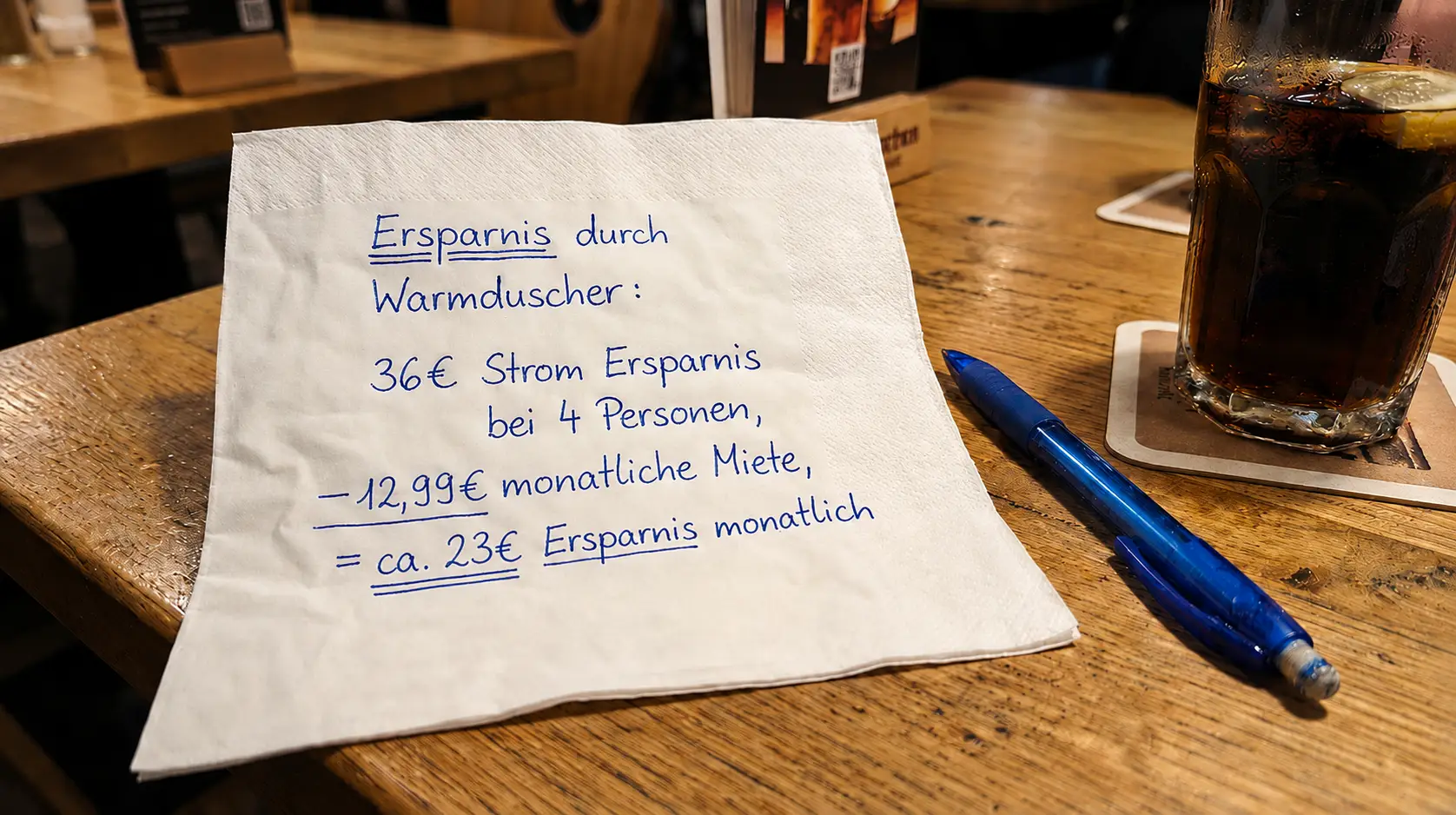 Warmduscher Energieeinsparung Rechnung auf einer Serviette