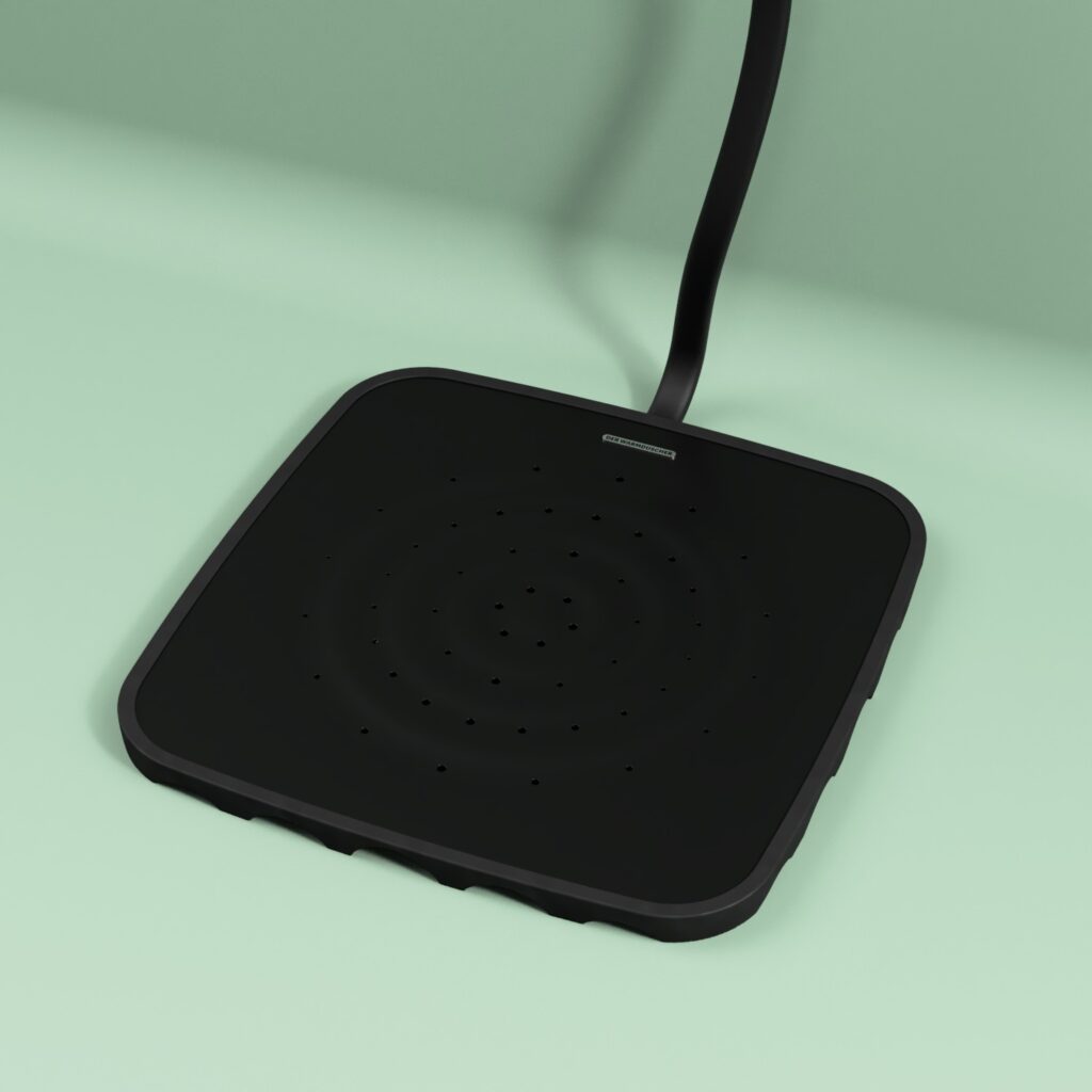 Warmduscher Pure schwarz in Dusche mit Hansgrohe Mischbatterie und Handbrause Detail vom Cover