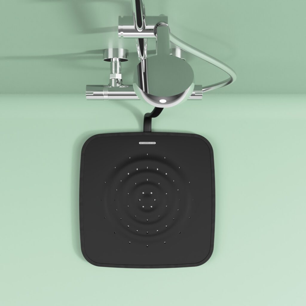Warmduscher Pure schwarz in Dusche mit Hansgrohe Mischbatterie und Handbrause von oben