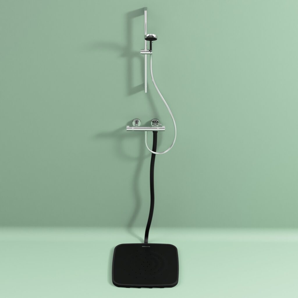 Warmduscher Pure schwarz in Dusche mit Hansgrohe Mischbatterie und Handbrause