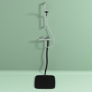 Warmduscher Pure schwarz in Dusche mit Hansgrohe Mischbatterie und Handbrause